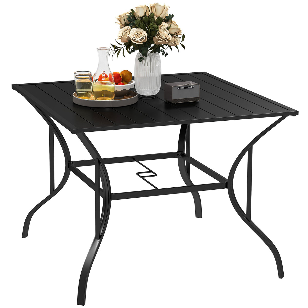 Outdoor Patio Table for 4, Square Garden Table w/ Parasol Hole & Slatted Metal Top, Black