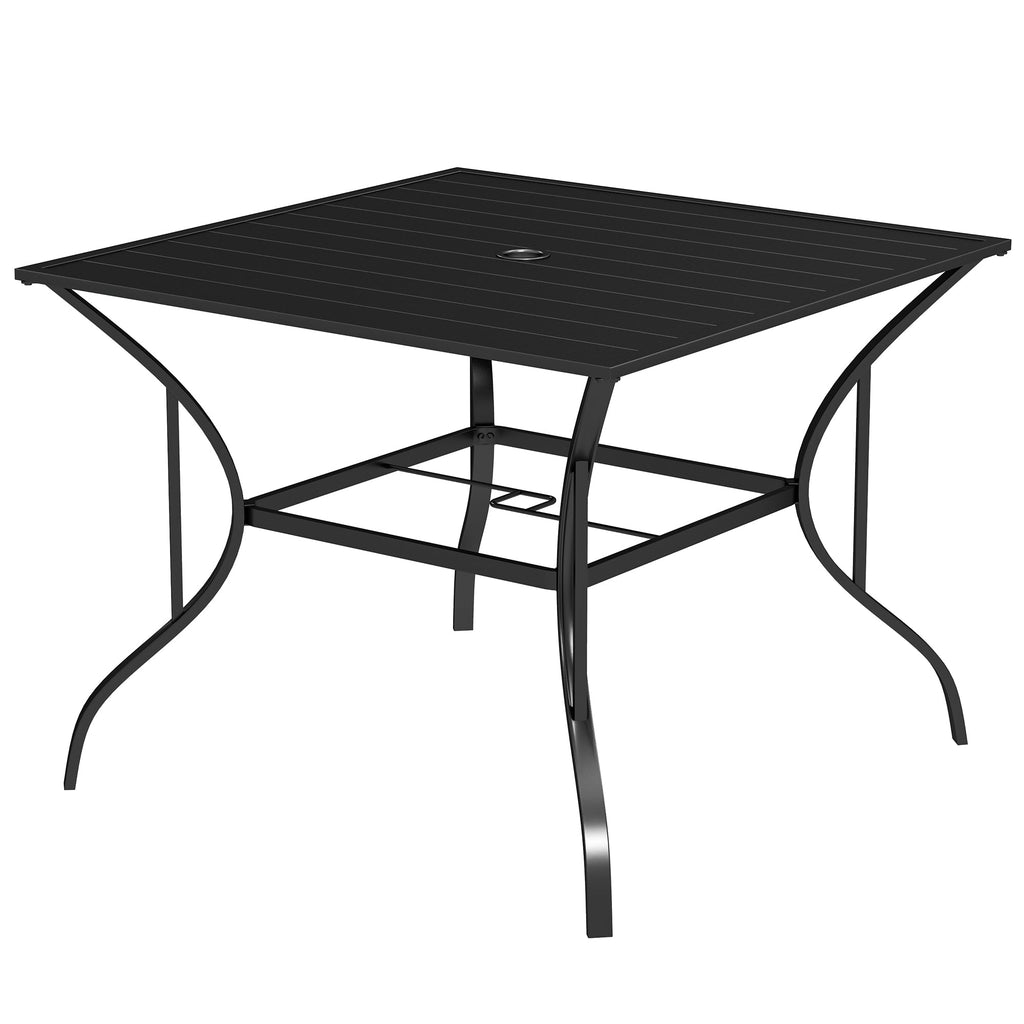 Outdoor Patio Table for 4, Square Garden Table w/ Parasol Hole & Slatted Metal Top, Black