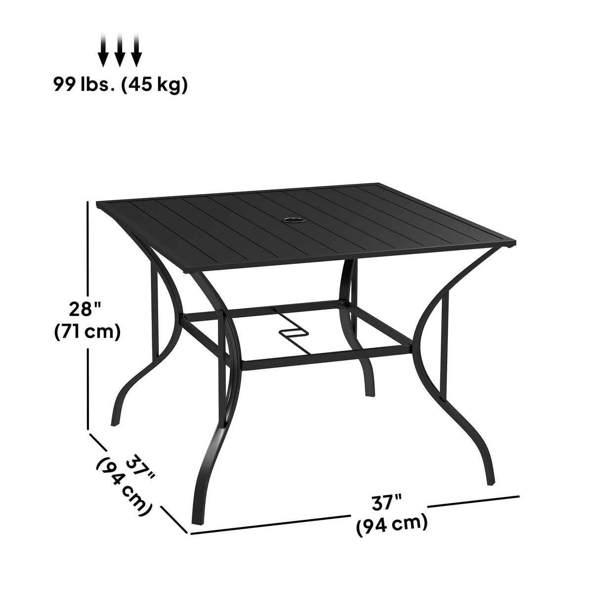 Outdoor Patio Table for 4, Square Garden Table w/ Parasol Hole & Slatted Metal Top, Black