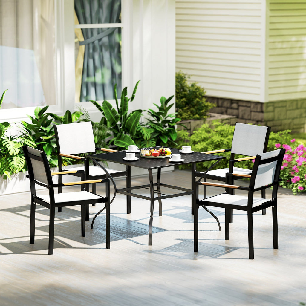 Outdoor Patio Table for 4, Square Garden Table w/ Parasol Hole & Slatted Metal Top, Black