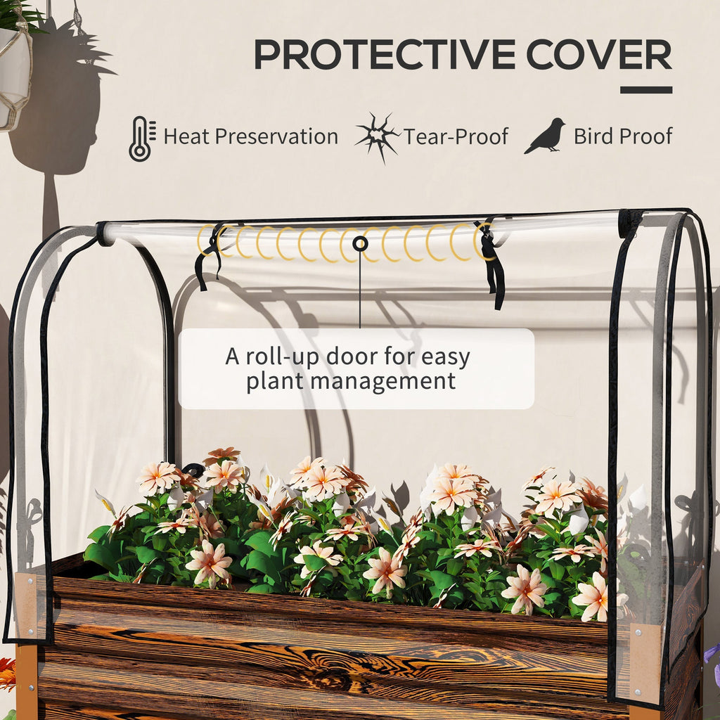 Metal Elevated Garden Bed with Cover & Bottom Shelf for Backyard, 41.75" x 21.25" x 53.25", Brown