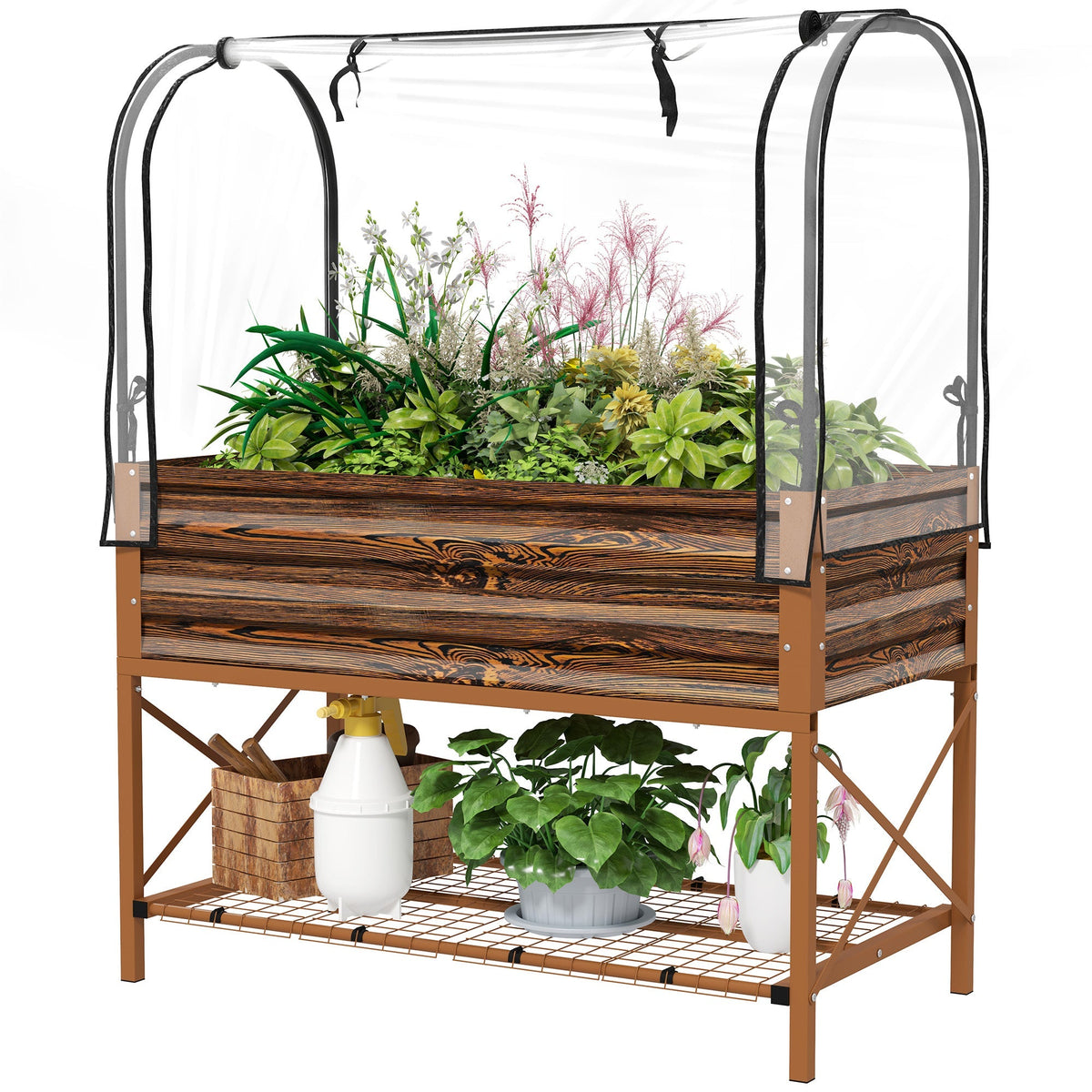 Metal Elevated Garden Bed with Cover & Bottom Shelf for Backyard, 41.75" x 21.25" x 53.25", Brown