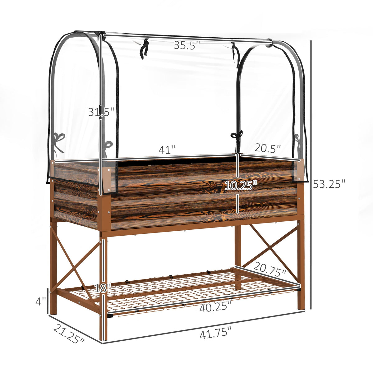 Metal Elevated Garden Bed with Cover & Bottom Shelf for Backyard, 41.75" x 21.25" x 53.25", Brown