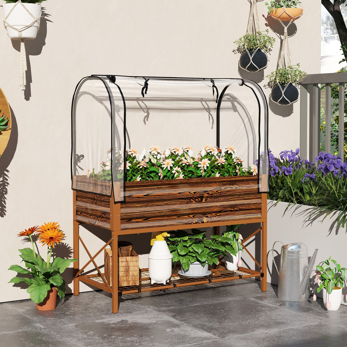 Metal Elevated Garden Bed with Cover & Bottom Shelf for Backyard, 41.75" x 21.25" x 53.25", Brown