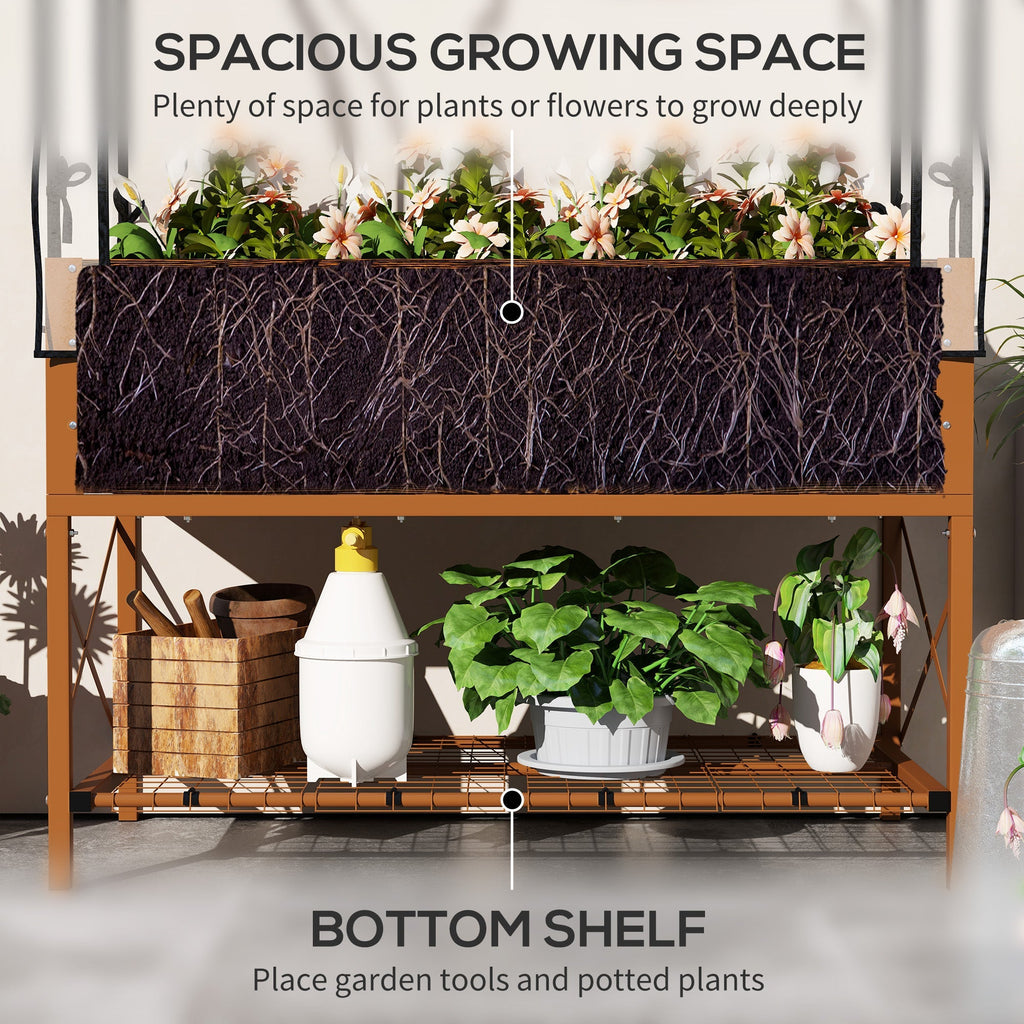 Metal Elevated Garden Bed with Cover & Bottom Shelf for Backyard, 41.75" x 21.25" x 53.25", Brown