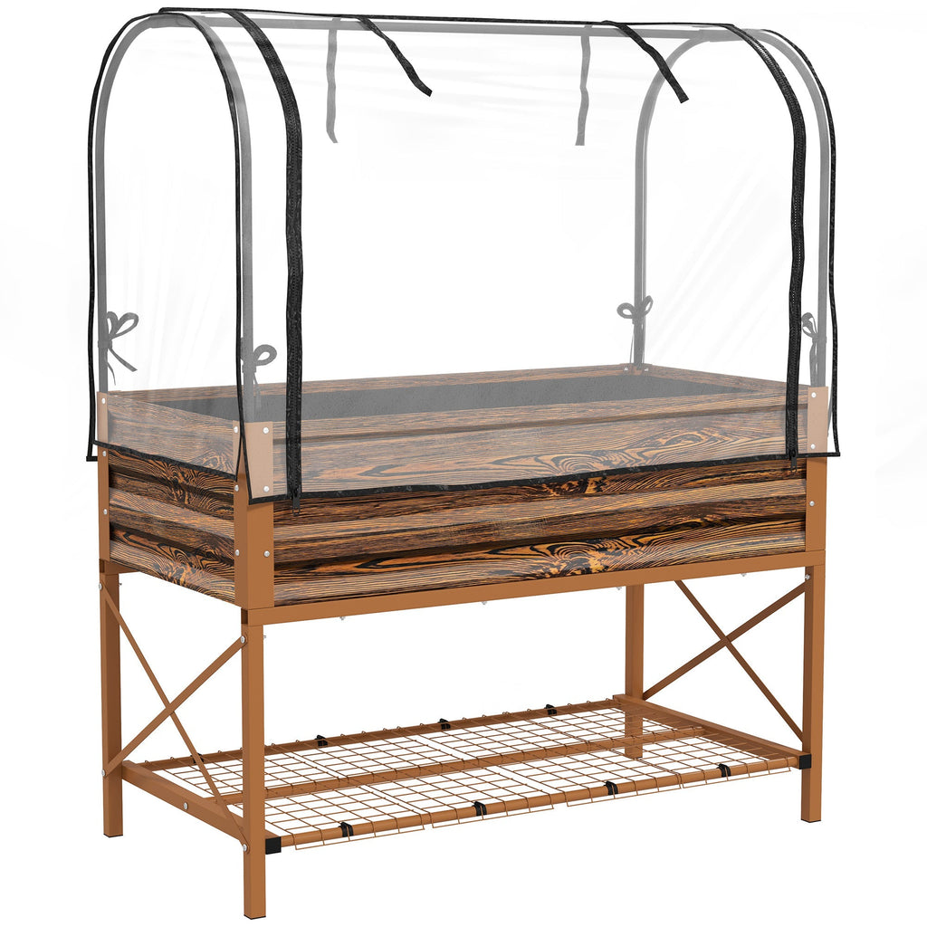 Metal Elevated Garden Bed with Cover & Bottom Shelf for Backyard, 41.75" x 21.25" x 53.25", Brown