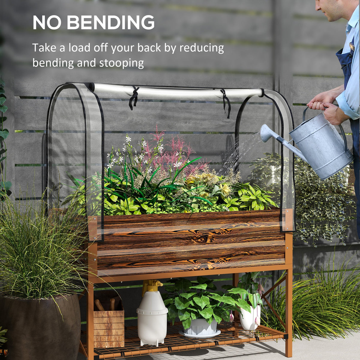 Metal Elevated Garden Bed with Cover & Bottom Shelf for Backyard, 41.75" x 21.25" x 53.25", Brown