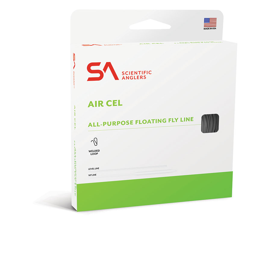 Scientific Anglers AirCel Fly Line packaging with white and green design, featuring a welded loop for fly fishing, designed for all-purpose floating performance.