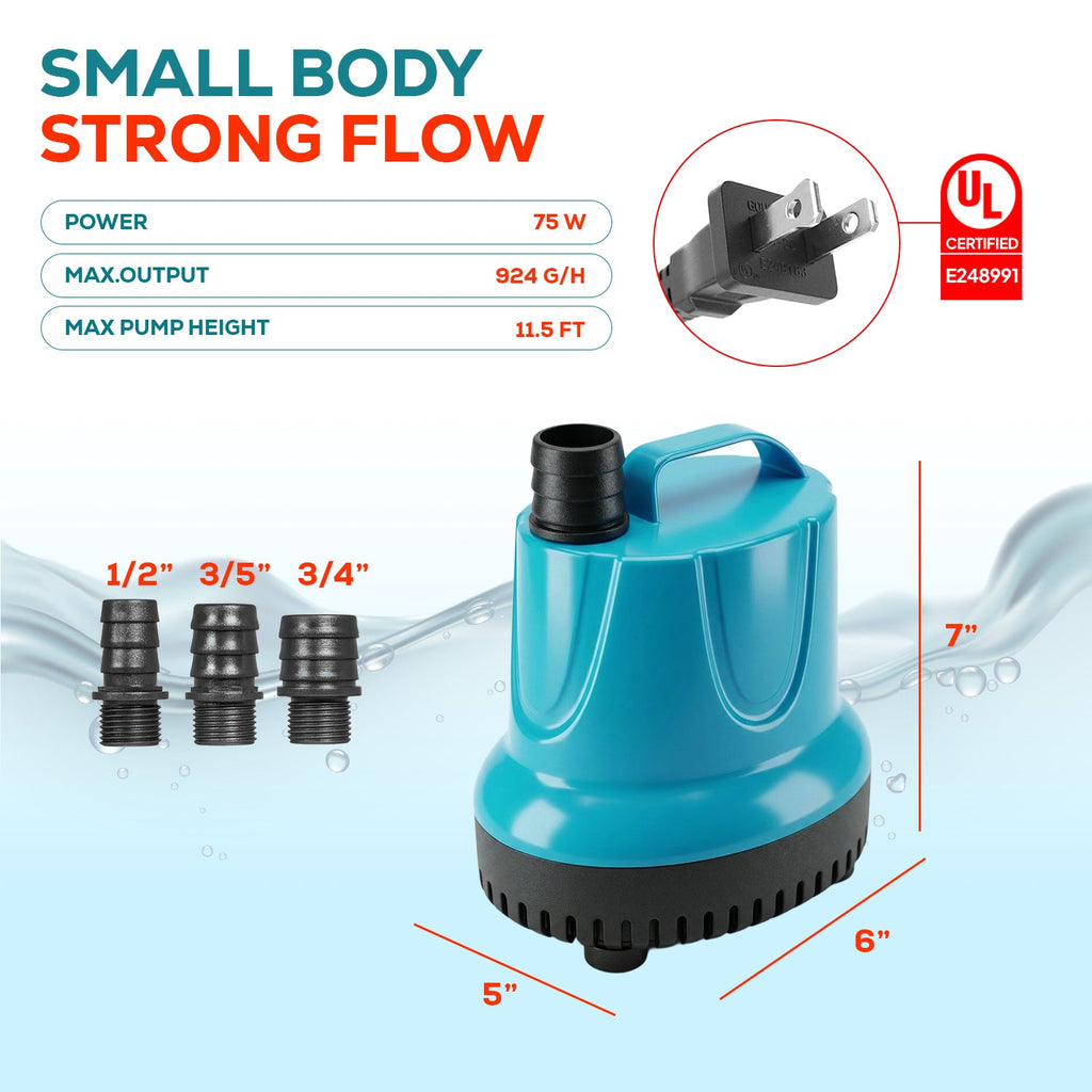 Aqua Dream 924 GPH Bottom Suction Water Pump - 75W Energy Efficient, Low-Suction