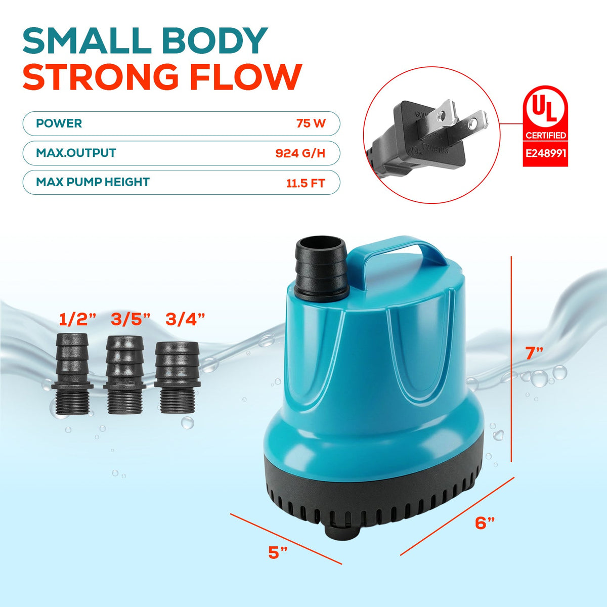 Aqua Dream 924 GPH Bottom Suction Water Pump - 75W Energy Efficient, Low-Suction