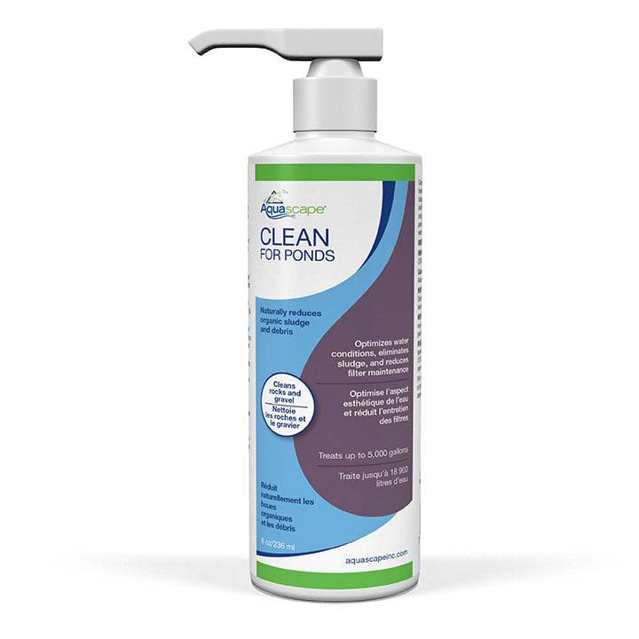Aquascape Clean for Ponds 8oz bottle with label, designed for pond maintenance and water clarity enhancement.