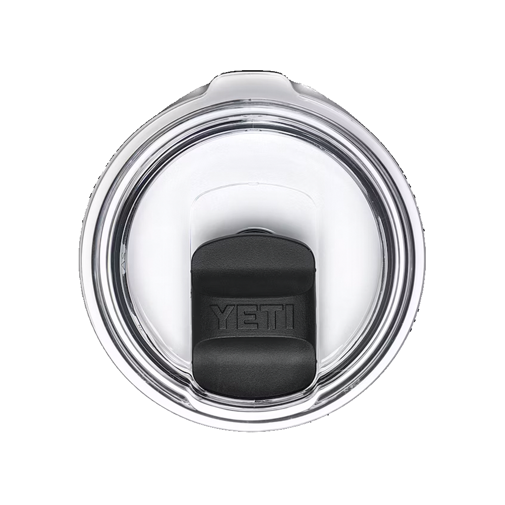 Top view of a clear round YETI Rambler MagSlider Lid featuring a black magnetic sliding closure with the YETI logo for secure spill resistance.