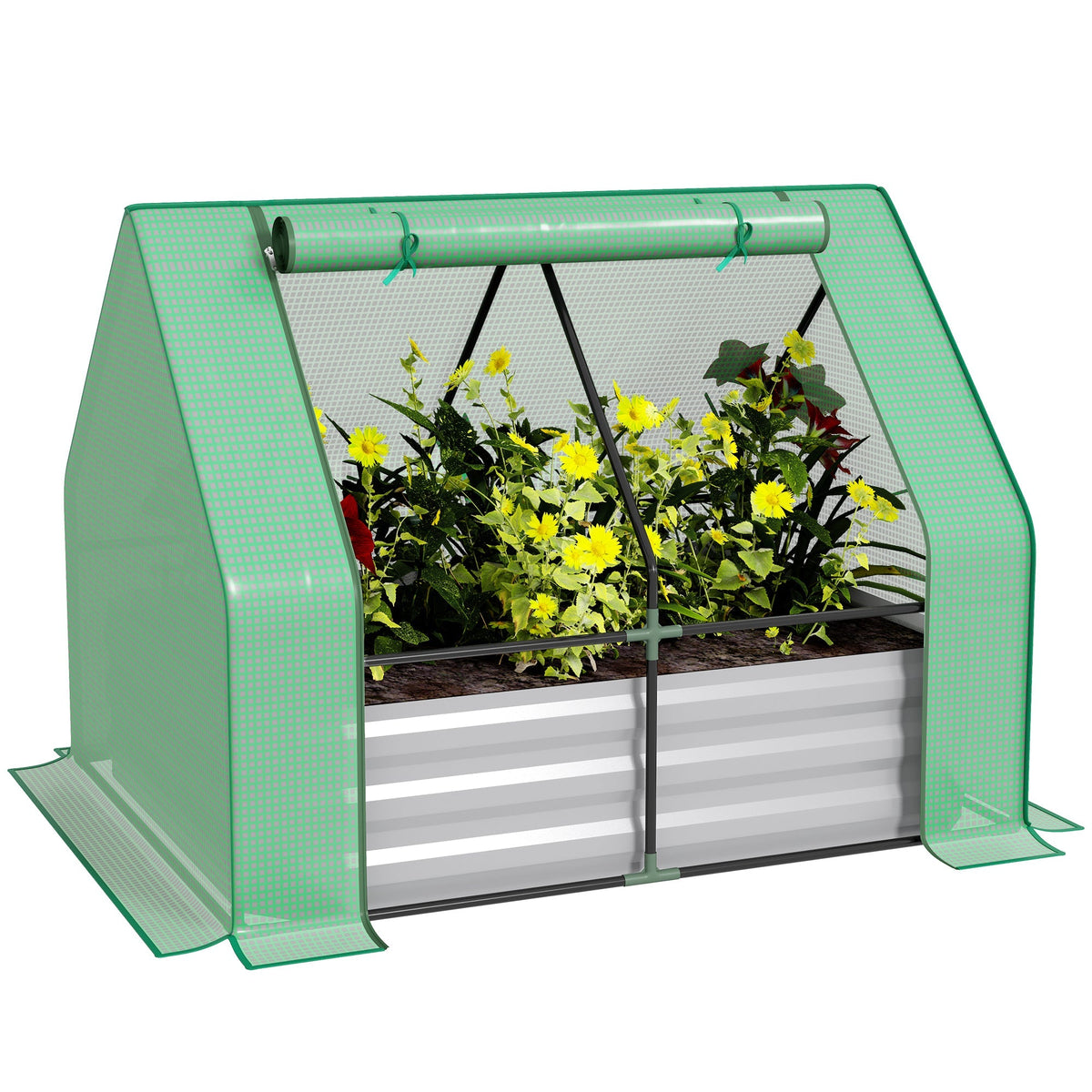 4' x 3' Galvanized Raised Garden Bed with Mini Greenhouse Cover, Outdoor Planter Box, Green