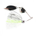 Bassman Spinnerbaits Compact Series Tandem Blades fishing lure with two silver blades and a white skirt featuring black and chartreuse accents, designed for effective freshwater fishing.