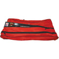 Beaver Dam Rail Tip-Up Bags in bright red fabric, featuring multiple zippered compartments and a clear pocket displaying an American flag patch, designed for organizing fishing tackle.