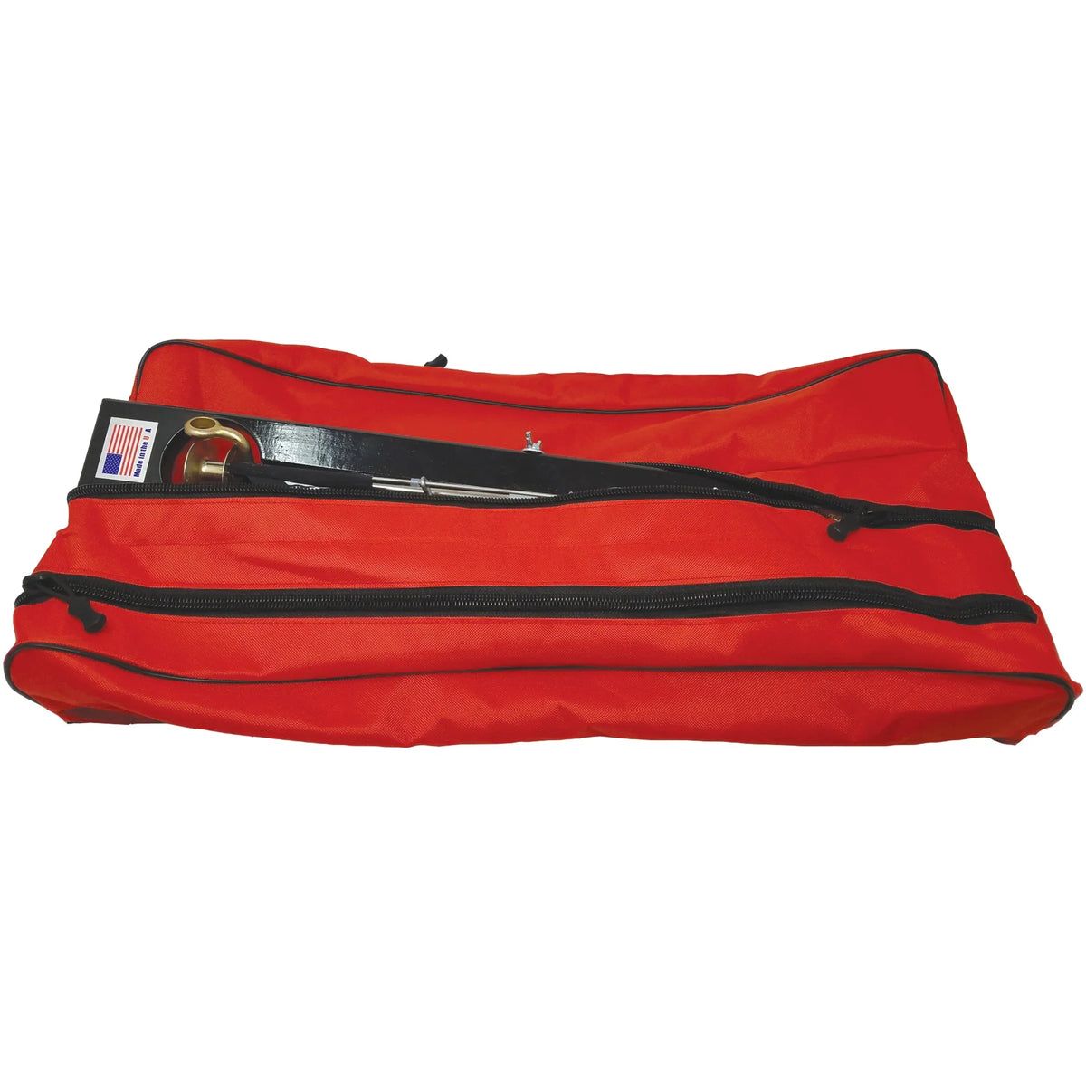 Beaver Dam Rail Tip-Up Bags in bright red fabric, featuring multiple zippered compartments and a clear pocket displaying an American flag patch, designed for organizing fishing tackle.