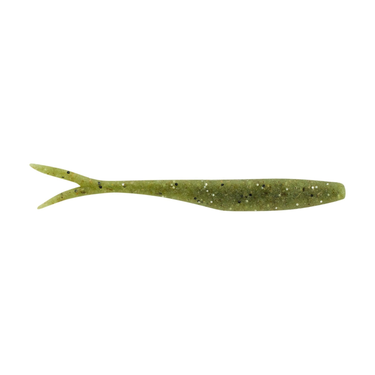 Berkley PowerBait MaxScent Flatnose Minnow soft fishing lure in green with black and silver speckles, designed for realistic movement to attract fish.