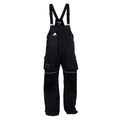 Clam Ice Armor Delta Float Bib shown in black, waterproof insulated bib-style overalls with adjustable shoulder straps, multiple pockets, and reinforced knee panels designed for ice fishing and cold weather protection.