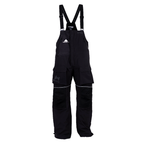 Clam Ice Armor Delta Float Bib shown in black, waterproof insulated bib-style overalls with adjustable shoulder straps, multiple pockets, and reinforced knee panels designed for ice fishing and cold weather protection.