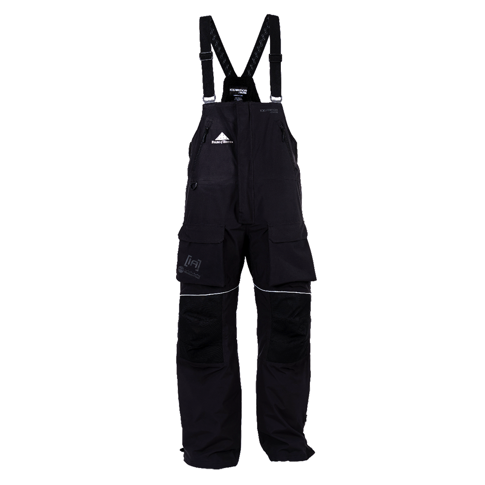 Clam Ice Armor Delta Float Bib shown in black, waterproof insulated bib-style overalls with adjustable shoulder straps, multiple pockets, and reinforced knee panels designed for ice fishing and cold weather protection.