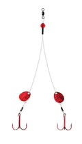 Clam BigTooth Rig featuring dual red reflective blades and two red treble hooks connected by a white wire with swivel and bead for fishing tackle use.