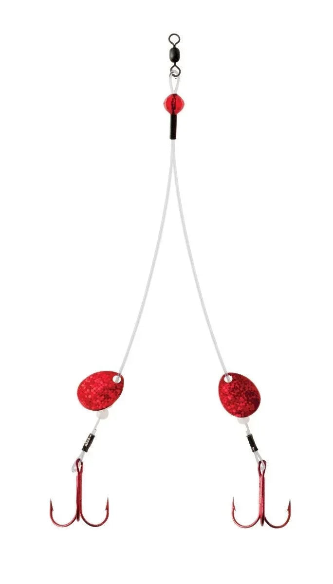 Clam BigTooth Rig featuring dual red reflective blades and two red treble hooks connected by a white wire with swivel and bead for fishing tackle use.