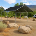 Black 18' x 20' mesh tarp canopy creating a spacious outdoor retreat