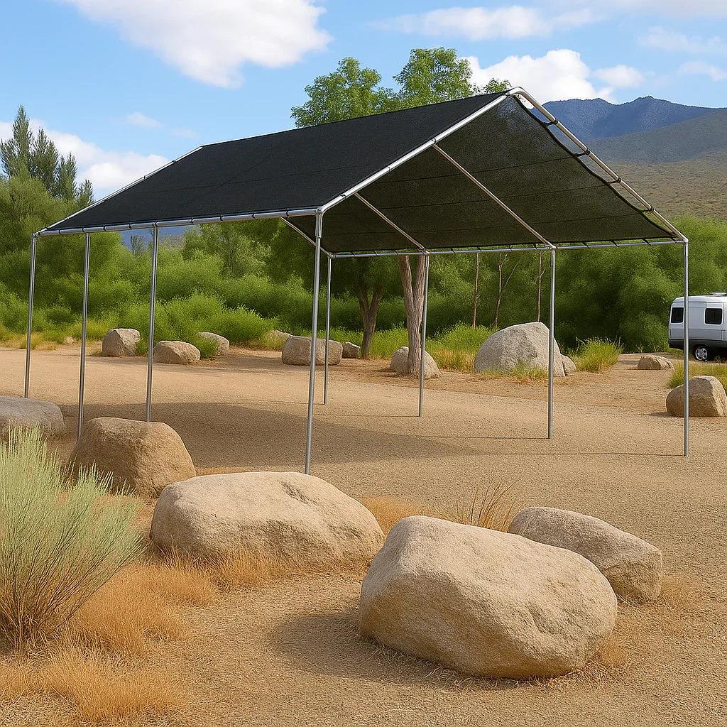 Black 18' x 20' mesh tarp canopy creating a spacious outdoor retreat