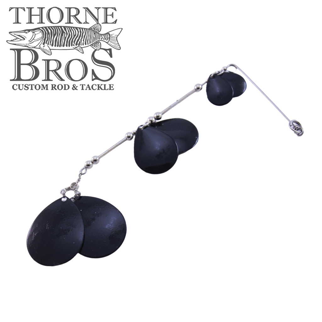 Drop Tine 3D Dawg Rigs fishing lure with three black spinner blades attached to silver wire frame, designed for musky fishing tackle and effective water movement.