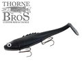 Black soft plastic fishing lure with realistic fish eye design and two treble hooks, labeled Chaos Posseidon, displayed on a white background with Thorne Bros logo.