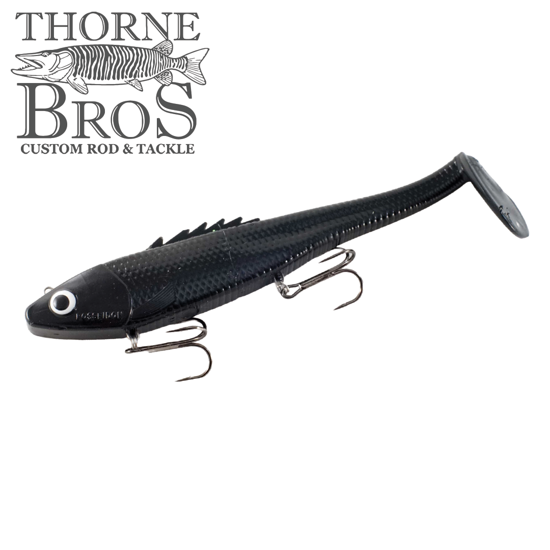 Black soft plastic fishing lure with realistic fish eye design and two treble hooks, labeled Chaos Posseidon, displayed on a white background with Thorne Bros logo.