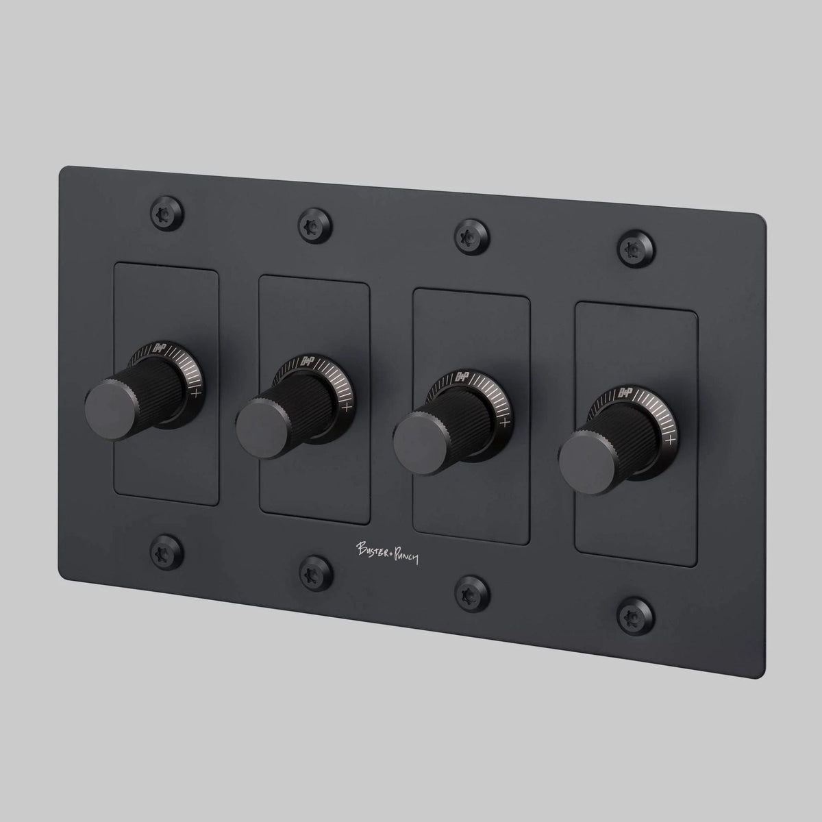 Buster + Punch NDK-024340 Linear 4-Gang LED Dimmer With Logo, 250W, Rotary, Black