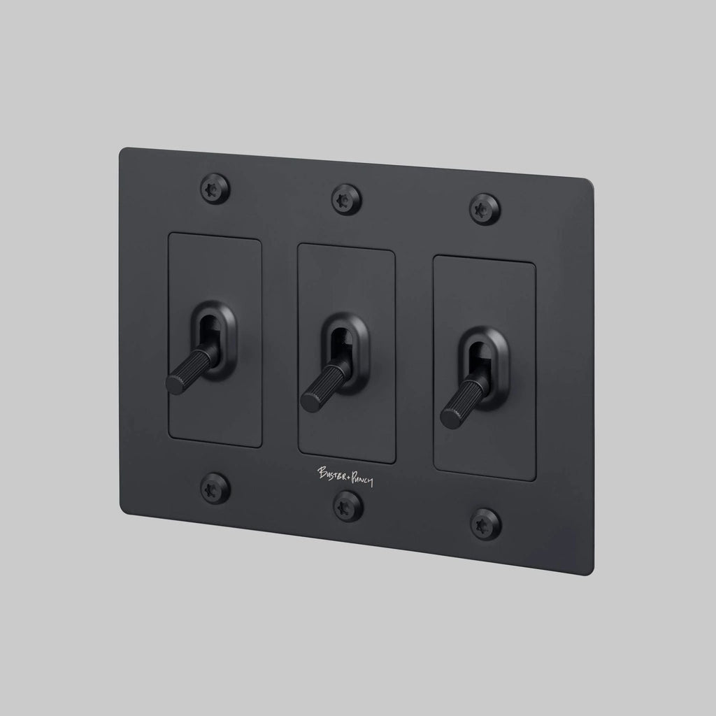 Buster + Punch NTK-024391 Linear 3-Gang Toggle Switch With Logo, 15A, Single Pole/3-Way, Black