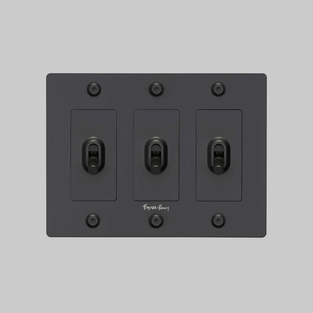 Buster + Punch NTK-024391 Linear 3-Gang Toggle Switch With Logo, 15A, Single Pole/3-Way, Black