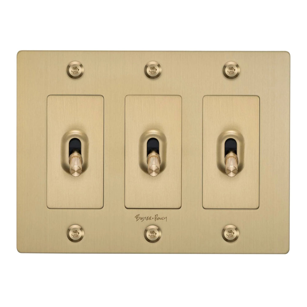 Buster + Punch NTK-054392 Linear 3-Gang Toggle Switch With Logo, 15A, Single Pole/3-Way, Brass