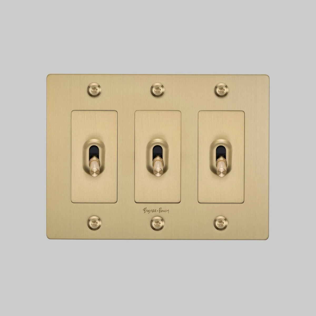 Buster + Punch NTK-054392 Linear 3-Gang Toggle Switch With Logo, 15A, Single Pole/3-Way, Brass