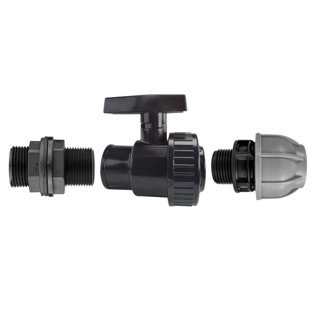 1” BSP Water Butt Fitting with Full Flow PP Valve and 32mm MDPE Fitting