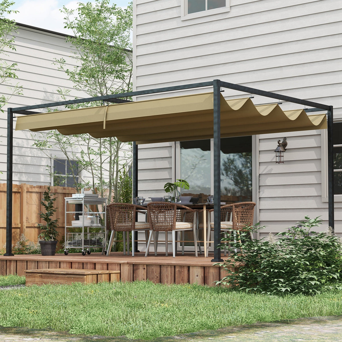 10' x 7' Retractable Pergola Canopy, Outdoor Sun Shade, Khaki