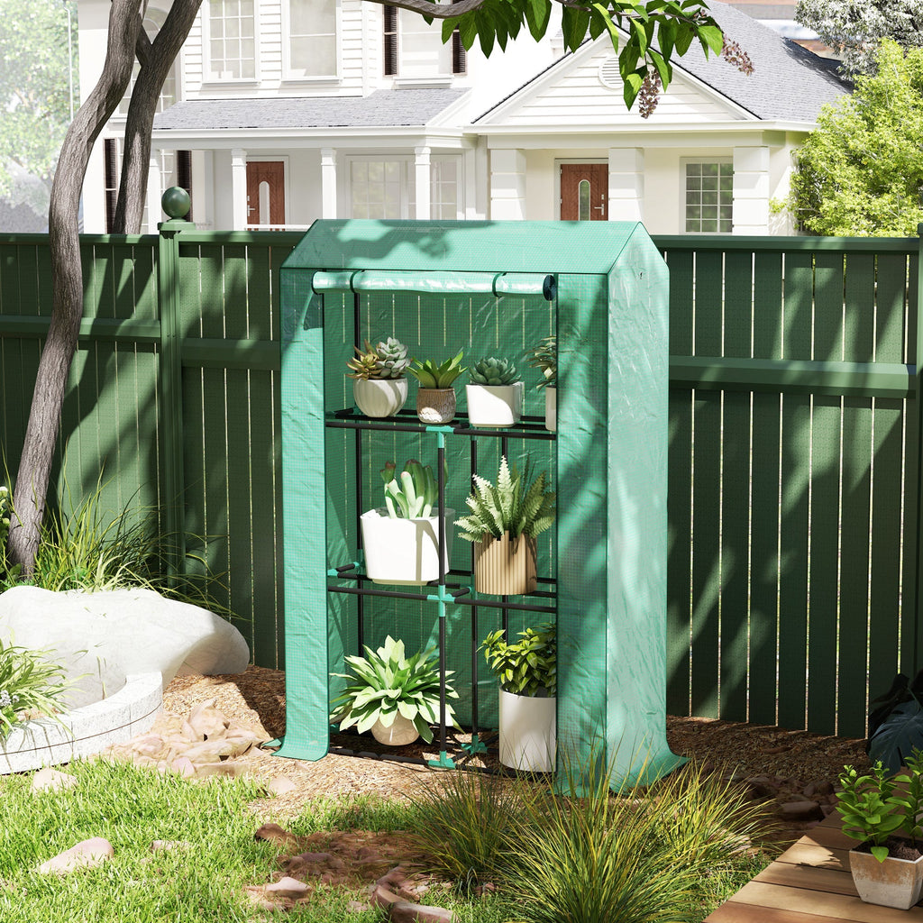 3 Tier Mini Greenhouse with Reinforced PE Cover & Roll-Up Door, 100 x 40 x 150cm, Green