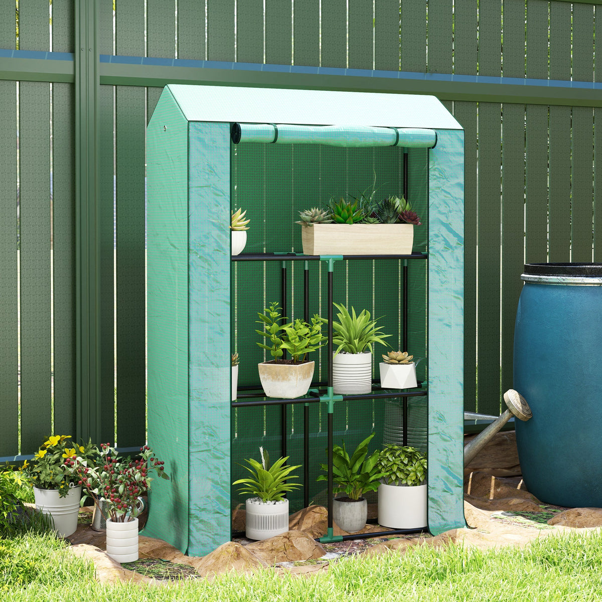 3 Tier Mini Greenhouse with Reinforced PE Cover & Roll-Up Door, 100 x 40 x 150cm, Green