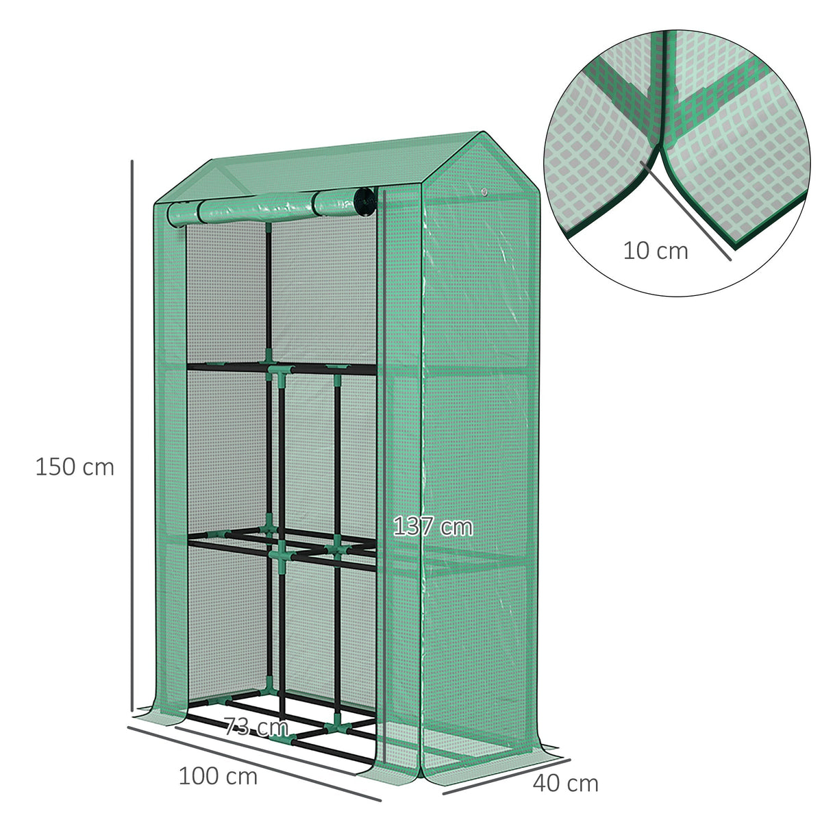 3 Tier Mini Greenhouse with Reinforced PE Cover & Roll-Up Door, 100 x 40 x 150cm, Green