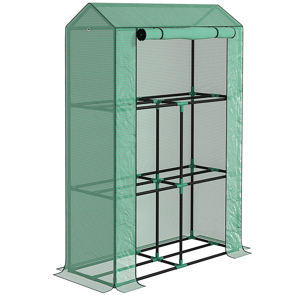 3 Tier Mini Greenhouse with Reinforced PE Cover & Roll-Up Door, 100 x 40 x 150cm, Green