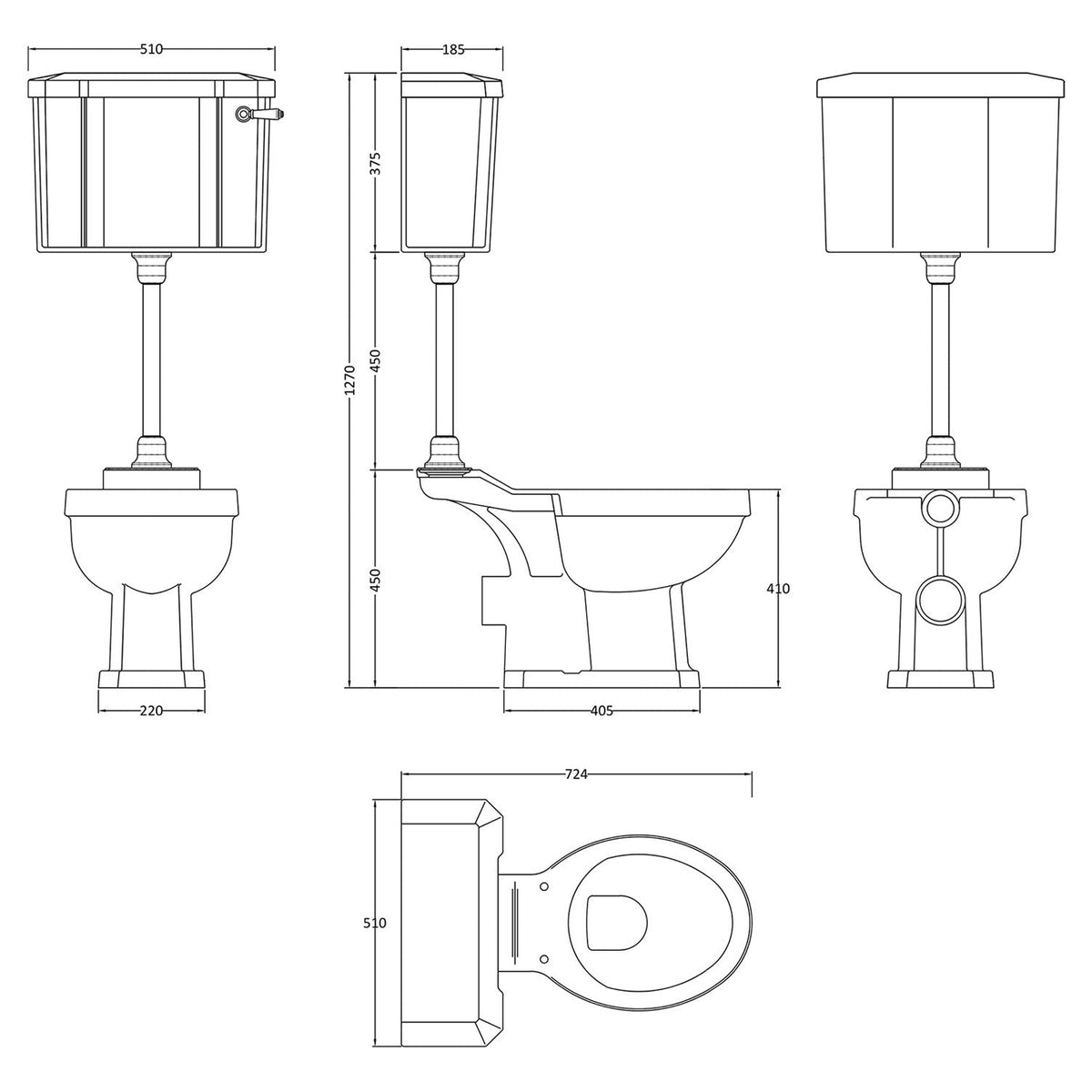 Classique Medium Level Toilet  with Lever Cistern, Seat & Flush Pipe Kit - White
