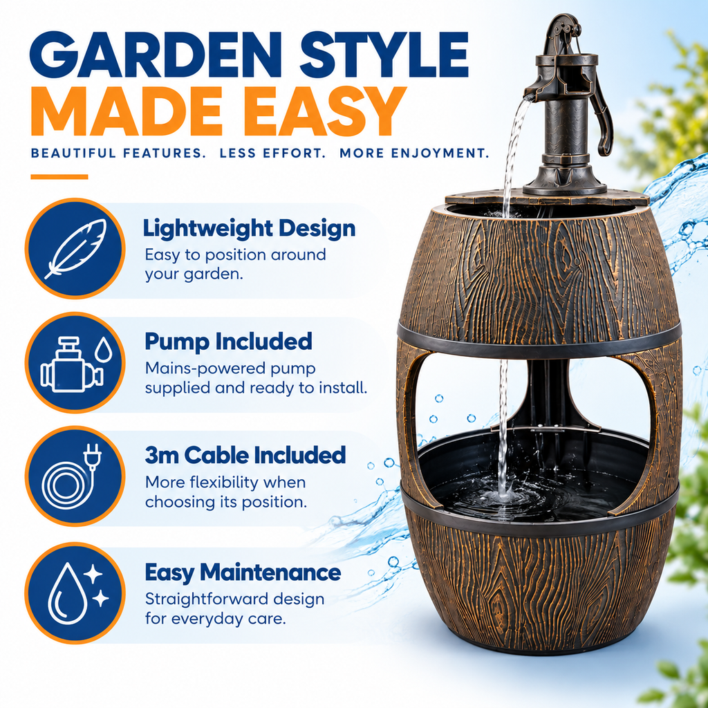 Bermuda Planter Barrel Garden Water Feature with Pump & 3m Mains Cable