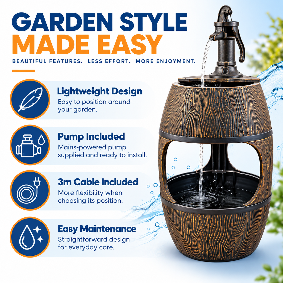 Bermuda Planter Barrel Garden Water Feature with Pump & 3m Mains Cable
