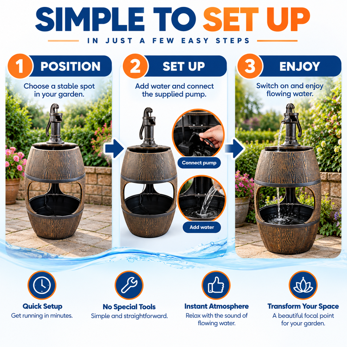 Bermuda Planter Barrel Garden Water Feature with Pump & 3m Mains Cable