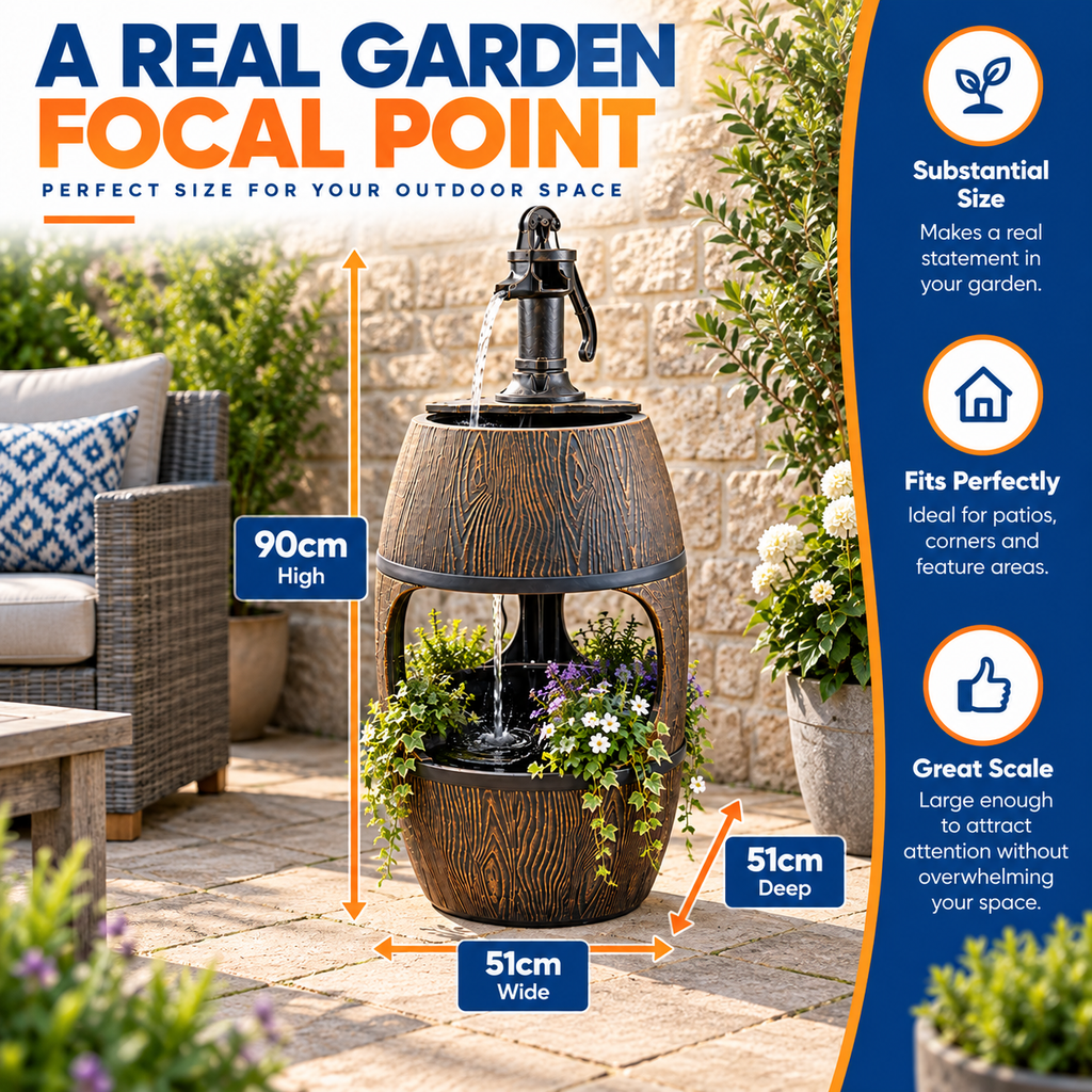Bermuda Planter Barrel Garden Water Feature with Pump & 3m Mains Cable
