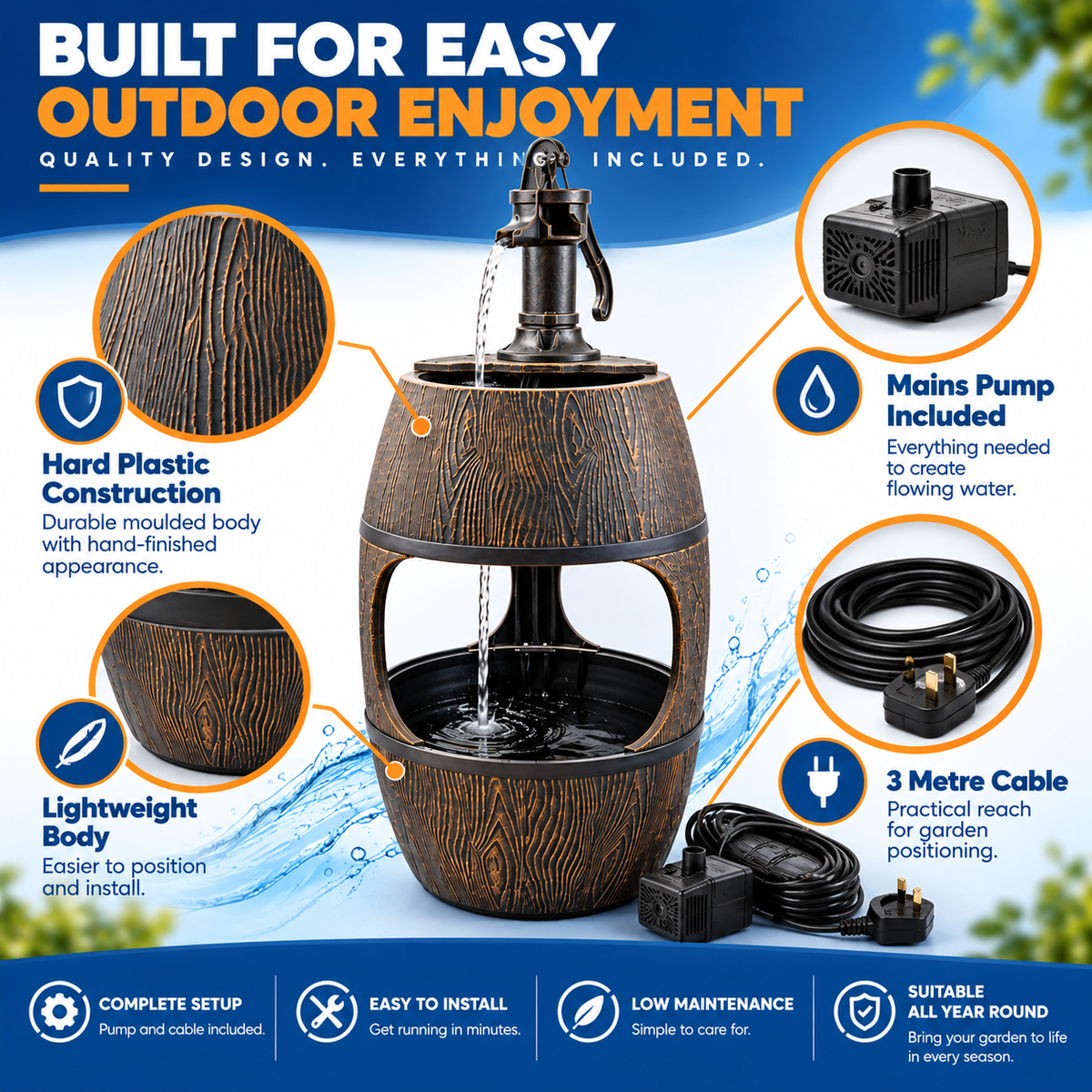 Bermuda Planter Barrel Garden Water Feature with Pump & 3m Mains Cable
