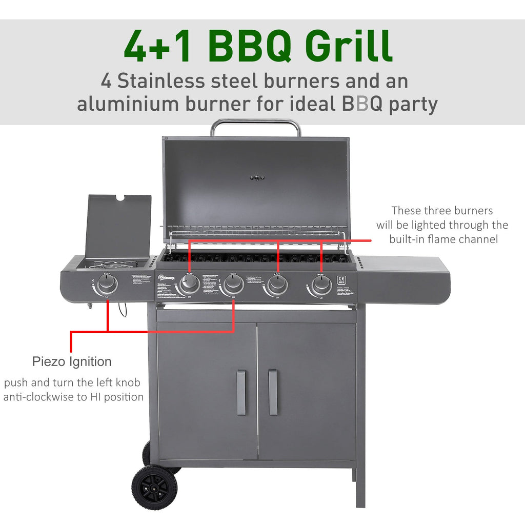 4+1 Burner Gas BBQ Gril with Side Burner, Warming Rack & Thermometer, 125 x 51 x 100cm, Grey