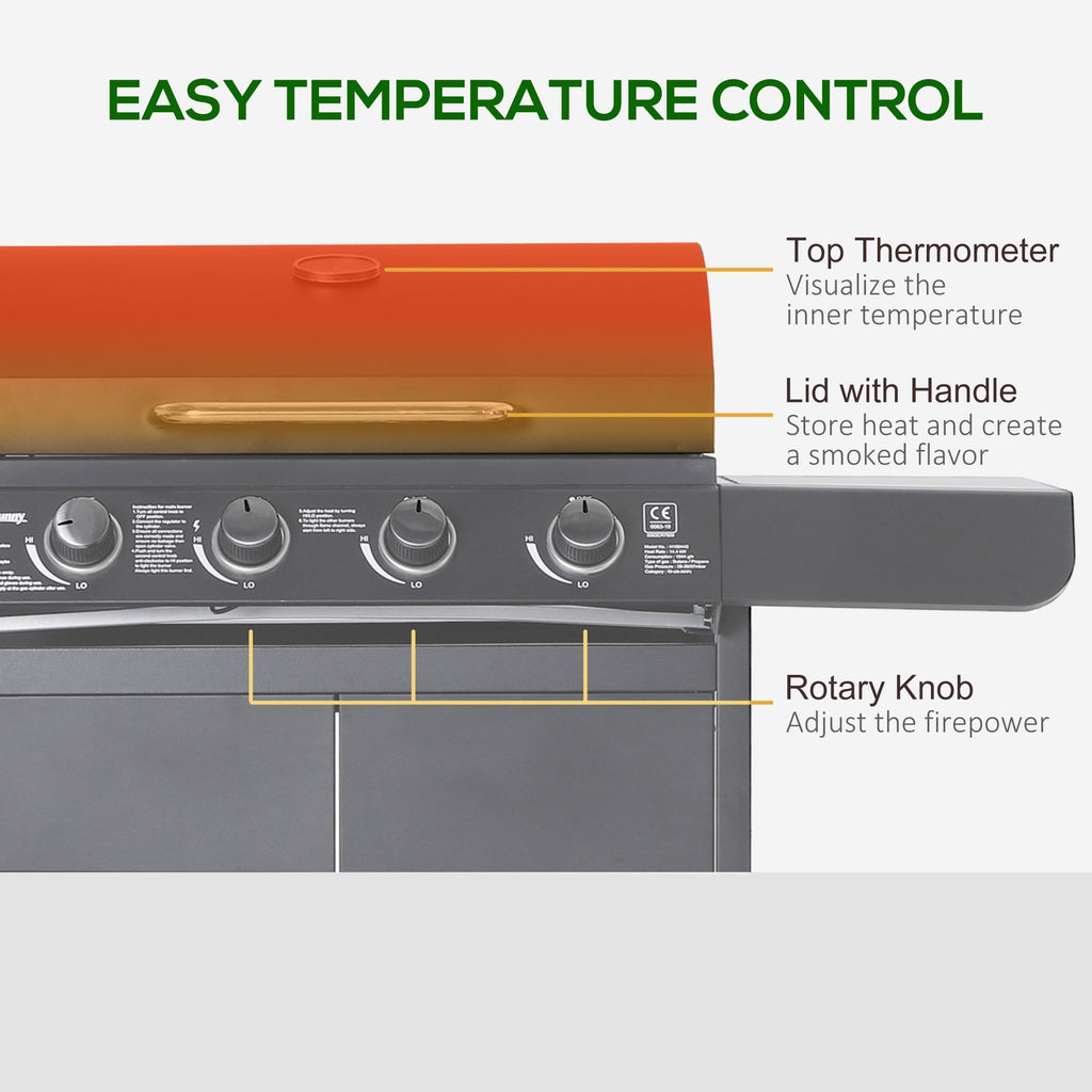 4+1 Burner Gas BBQ Gril with Side Burner, Warming Rack & Thermometer, 125 x 51 x 100cm, Grey